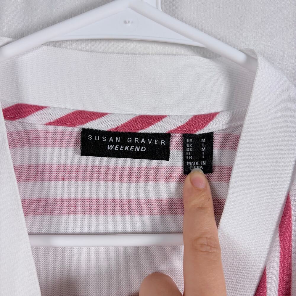 Susan Graver Weekend Pink White Stripe Cardigan Women Medium Button Front - Picture 3 of 4